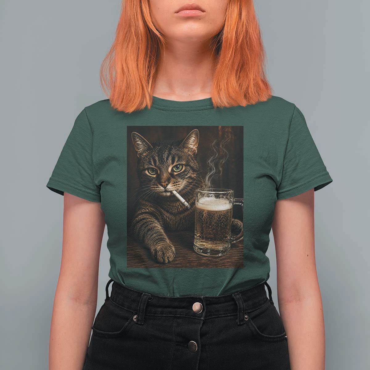 Funny Smoking Cat T Shirt For Women Cigarette Kitty Beer Lover