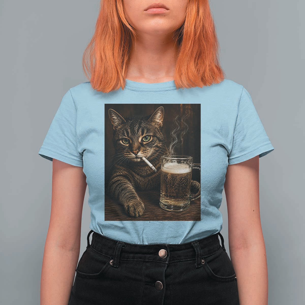 Funny Smoking Cat T Shirt For Women Cigarette Kitty Beer Lover