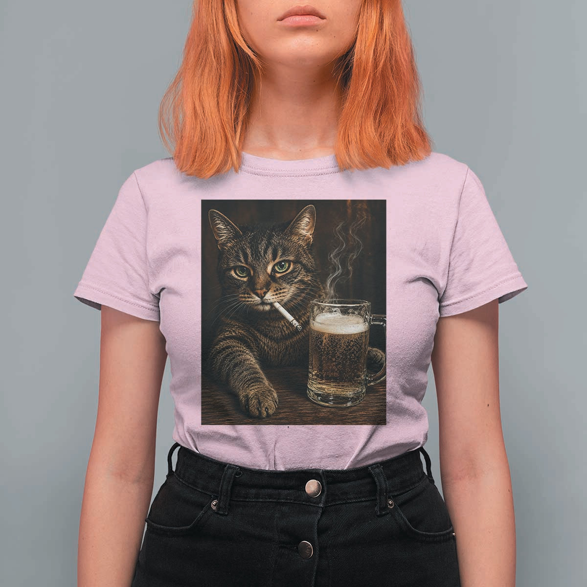 Funny Smoking Cat T Shirt For Women Cigarette Kitty Beer Lover