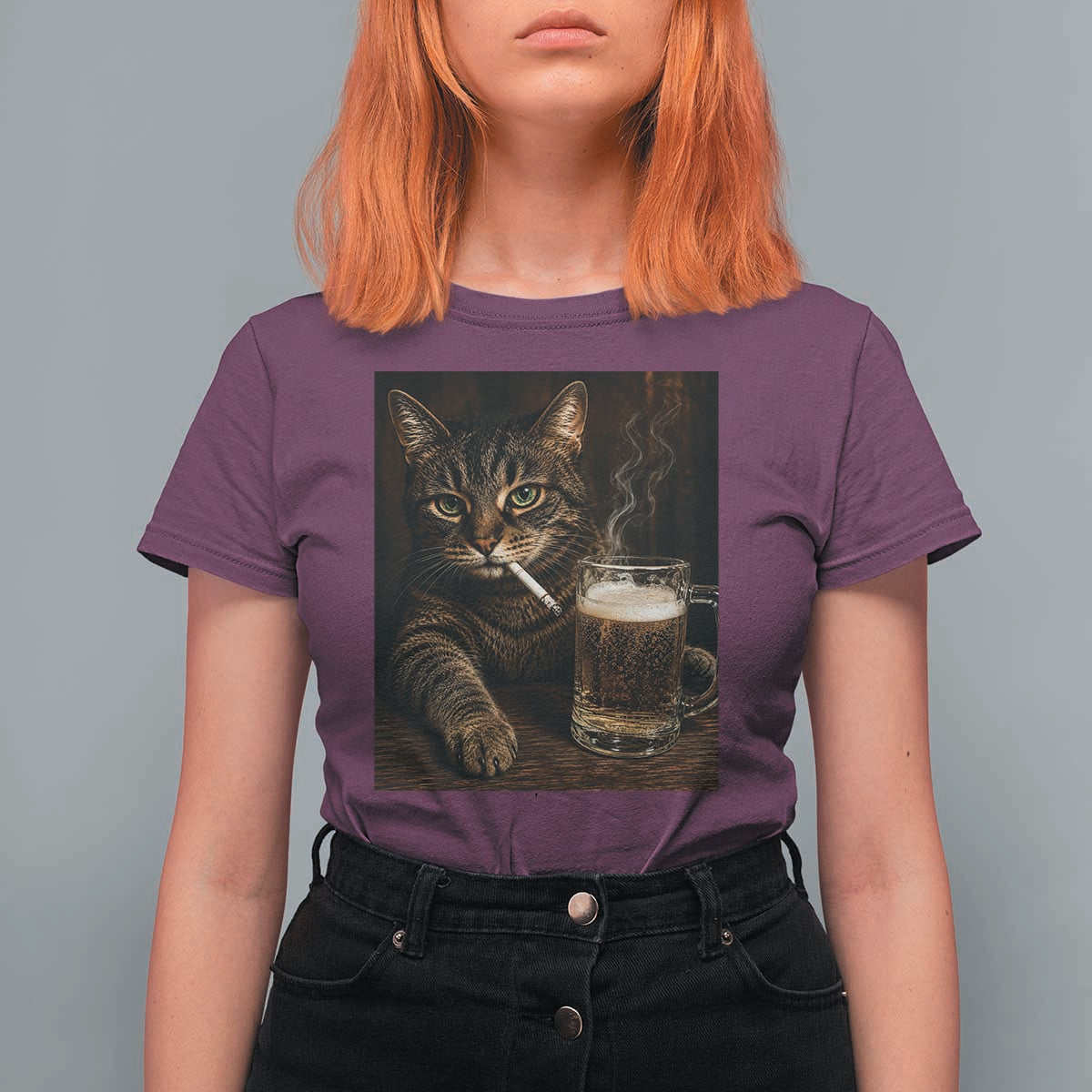 Funny Smoking Cat T Shirt For Women Cigarette Kitty Beer Lover