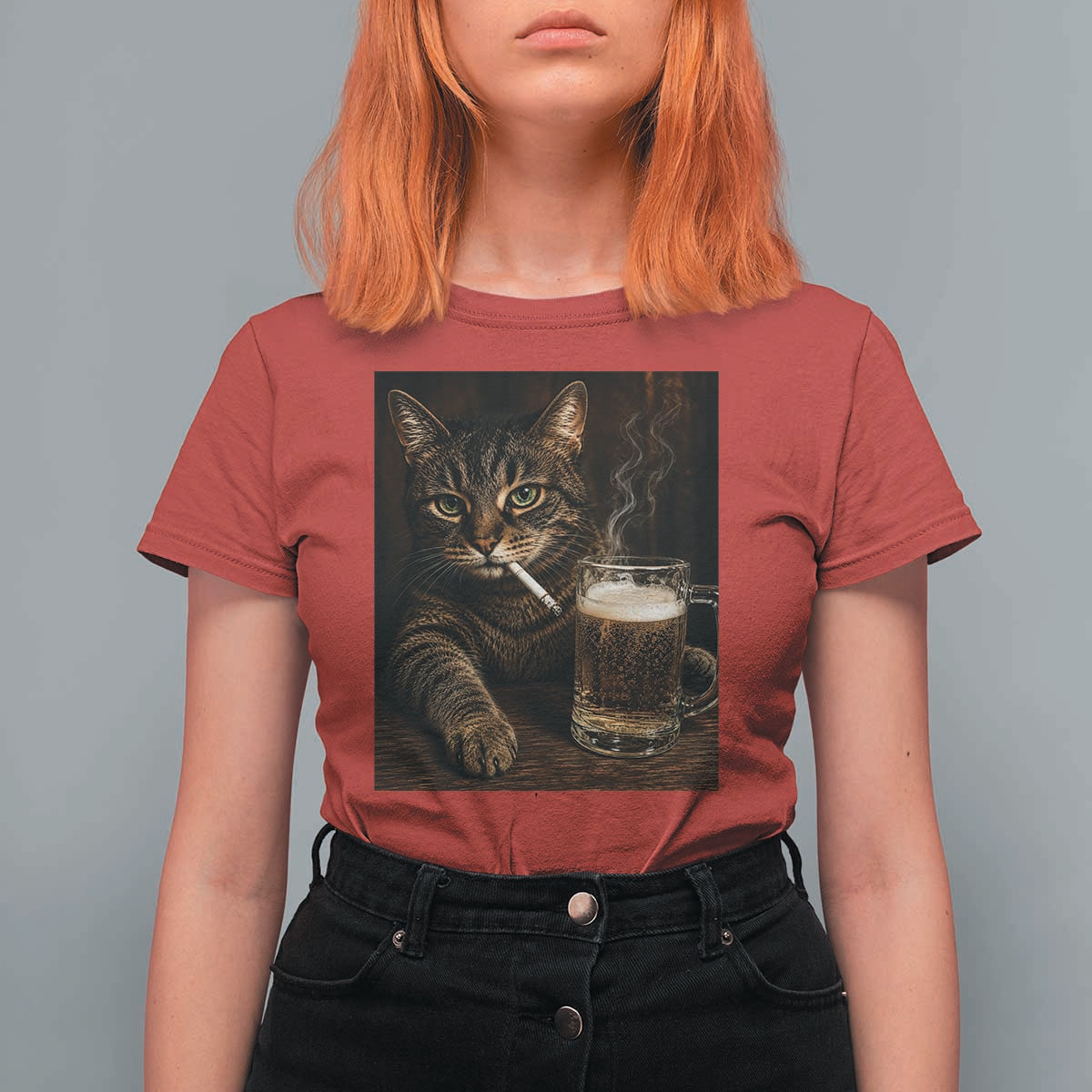 Funny Smoking Cat T Shirt For Women Cigarette Kitty Beer Lover