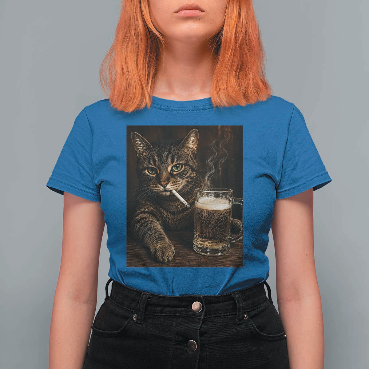 Funny Smoking Cat T Shirt For Women Cigarette Kitty Beer Lover