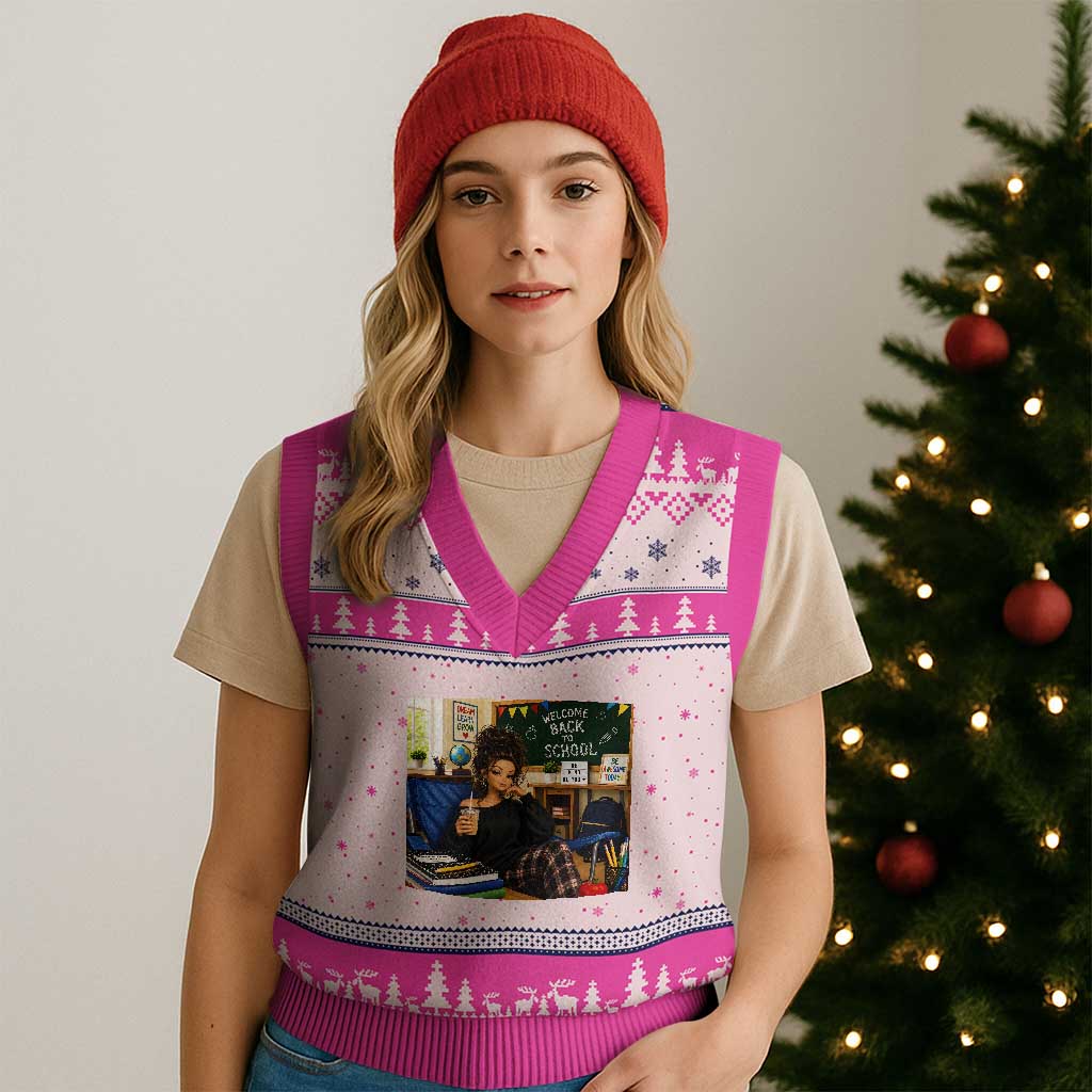 Funny Back To School Doll Face Meme V-Neck Knit Sweater Vest Coffee Teacher Gift