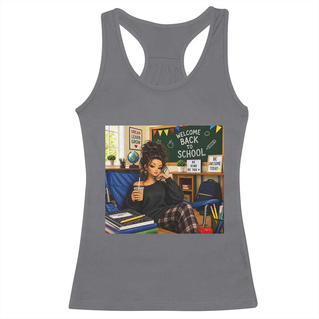 Funny Back To School Doll Face Meme Racerback Tank Top Coffee Teacher Gift