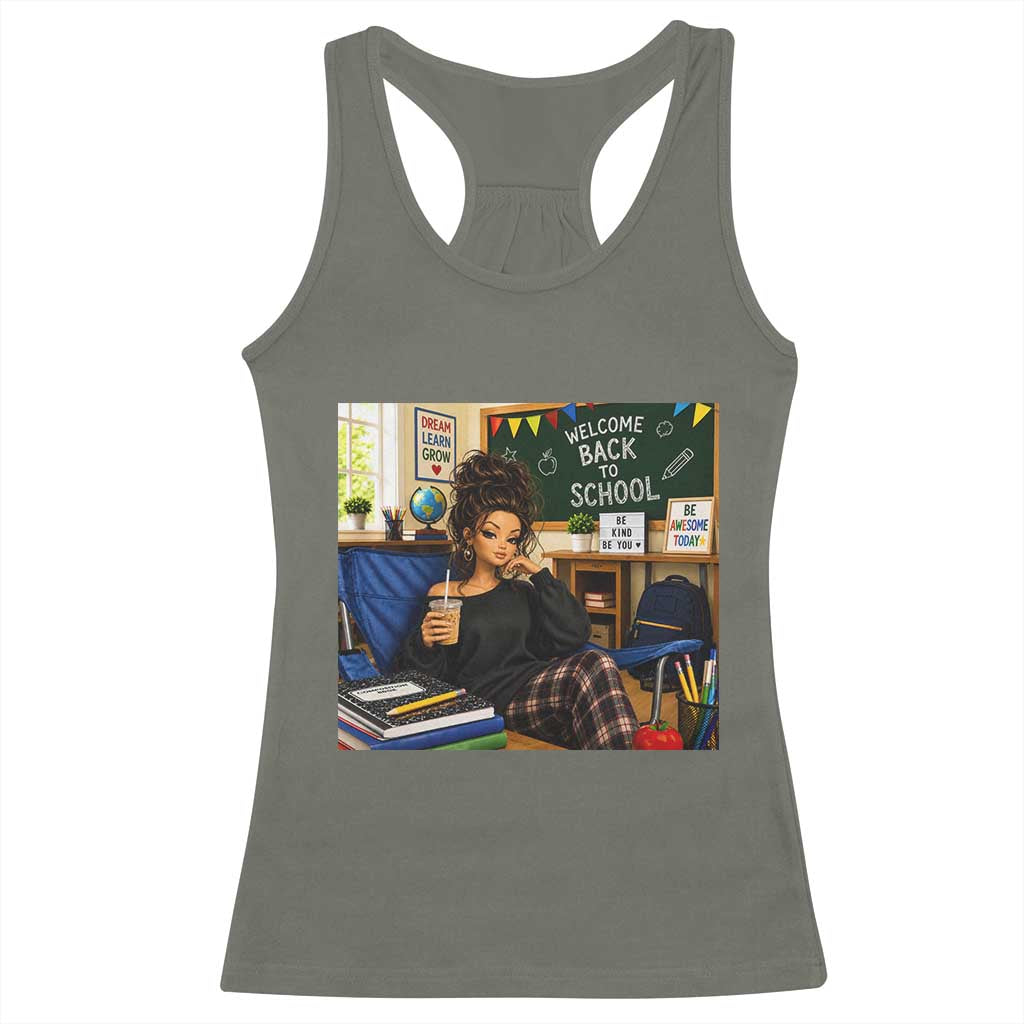 Funny Back To School Doll Face Meme Racerback Tank Top Coffee Teacher Gift