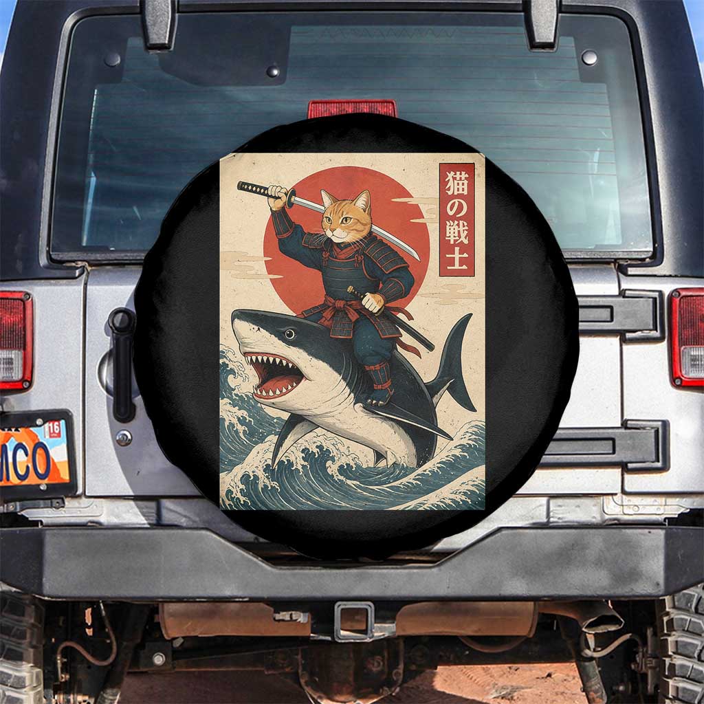 Funny Samurai Cat Riding Shark Spare Tire Cover Vintage Japanese Ukiyoe