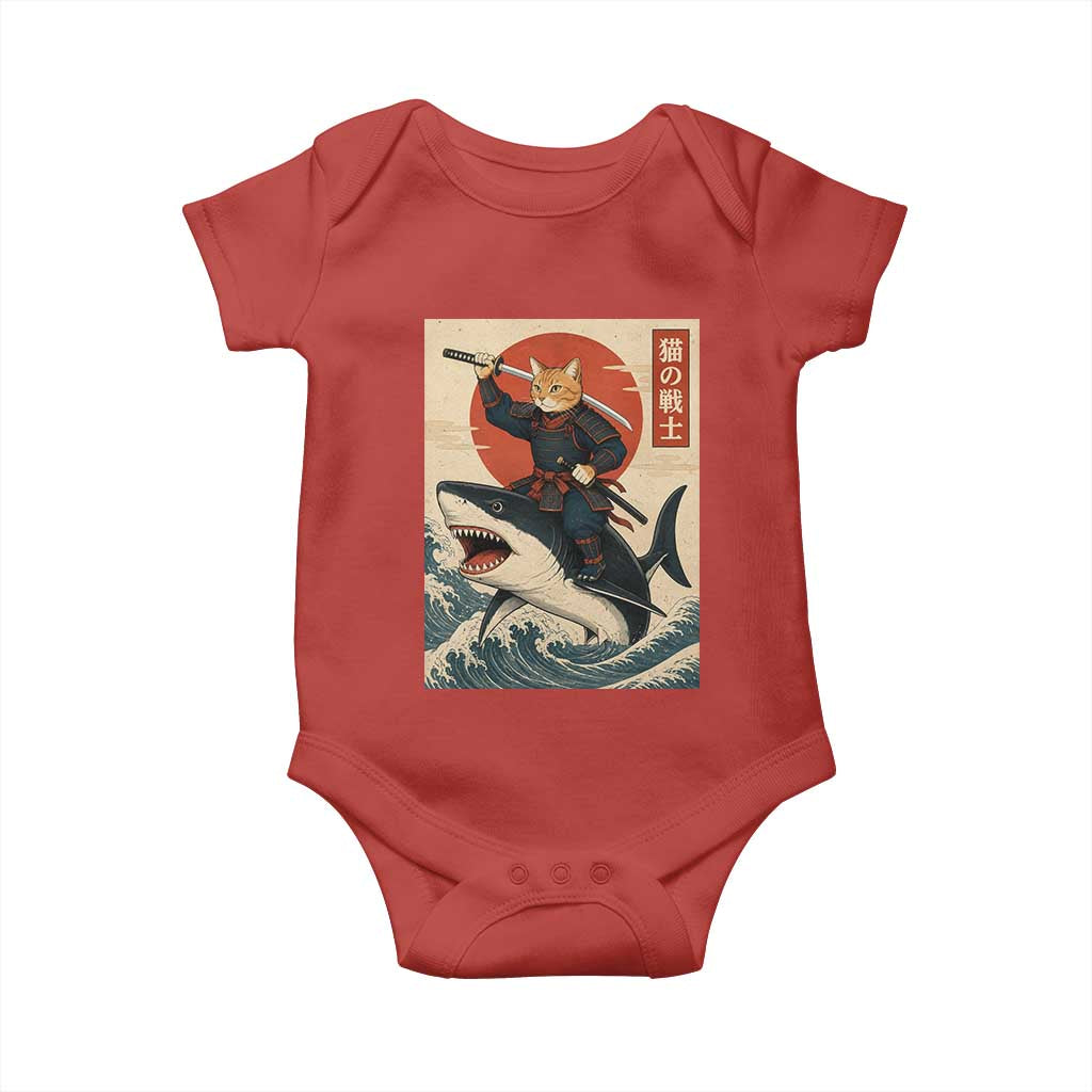 Funny Samurai Cat Riding Shark Baby Onesie Vintage Japanese Ukiyoe