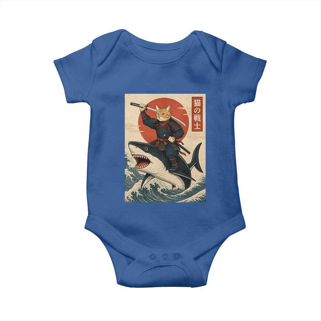 Funny Samurai Cat Riding Shark Baby Onesie Vintage Japanese Ukiyoe