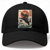 Funny Samurai Cat Riding Shark Baseball Cap Vintage Japanese Ukiyoe