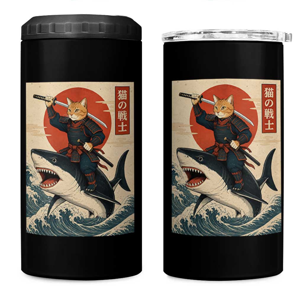 Funny Samurai Cat Riding Shark 4 in 1 Can Cooler Tumbler Vintage Japanese Ukiyoe