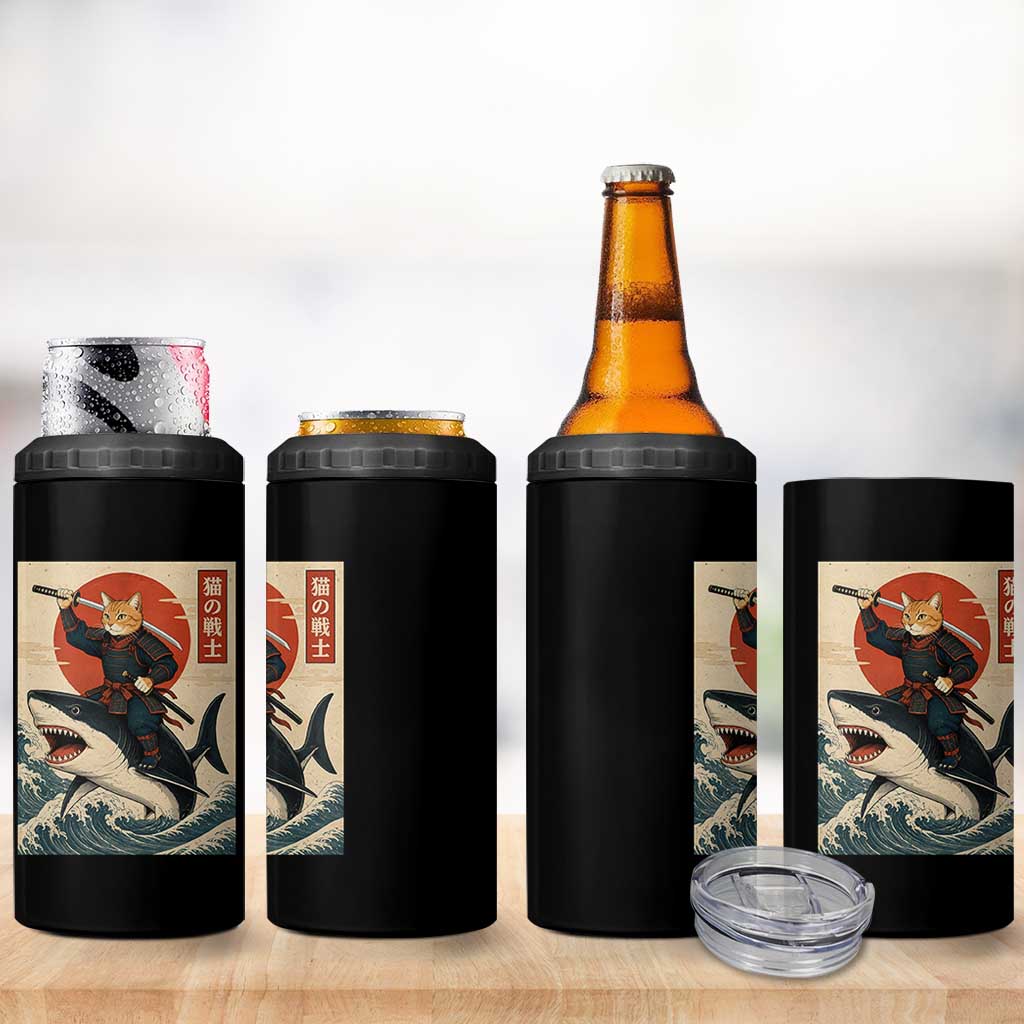 Funny Samurai Cat Riding Shark 4 in 1 Can Cooler Tumbler Vintage Japanese Ukiyoe