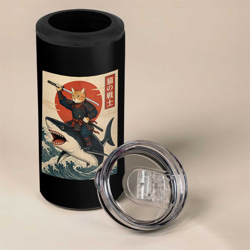Funny Samurai Cat Riding Shark 4 in 1 Can Cooler Tumbler Vintage Japanese Ukiyoe
