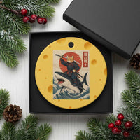 Funny Samurai Cat Riding Shark Ceramic Ornament Vintage Japanese Ukiyoe