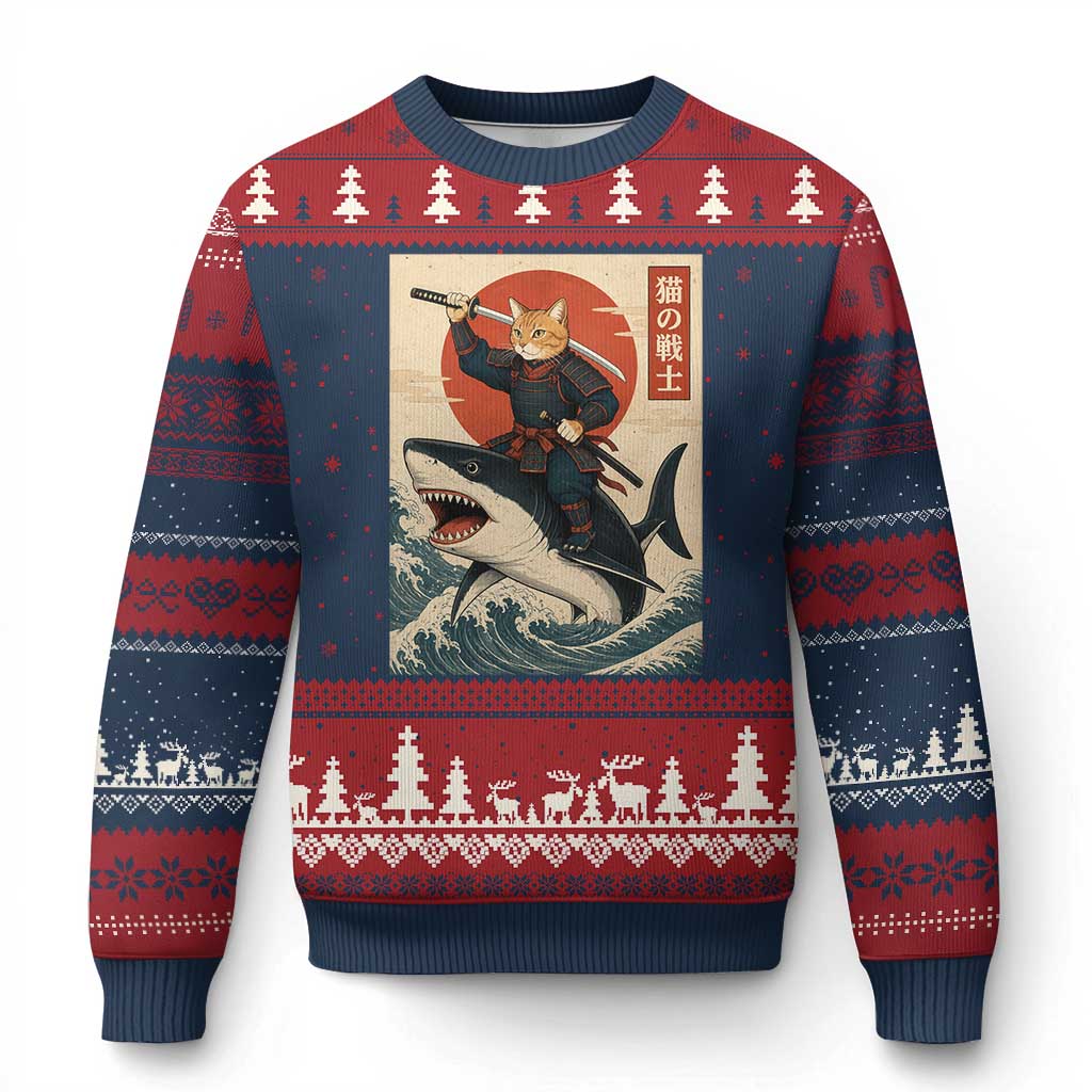 Funny Samurai Cat Riding Shark Ugly Christmas Sweater Vintage Japanese Ukiyoe