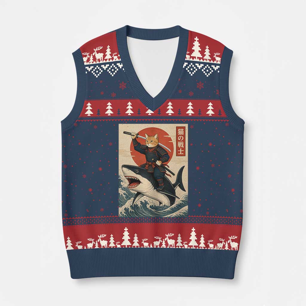 Funny Samurai Cat Riding Shark V-Neck Knit Sweater Vest Vintage Japanese Ukiyoe