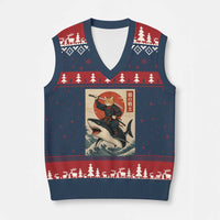 Funny Samurai Cat Riding Shark V-Neck Knit Sweater Vest Vintage Japanese Ukiyoe