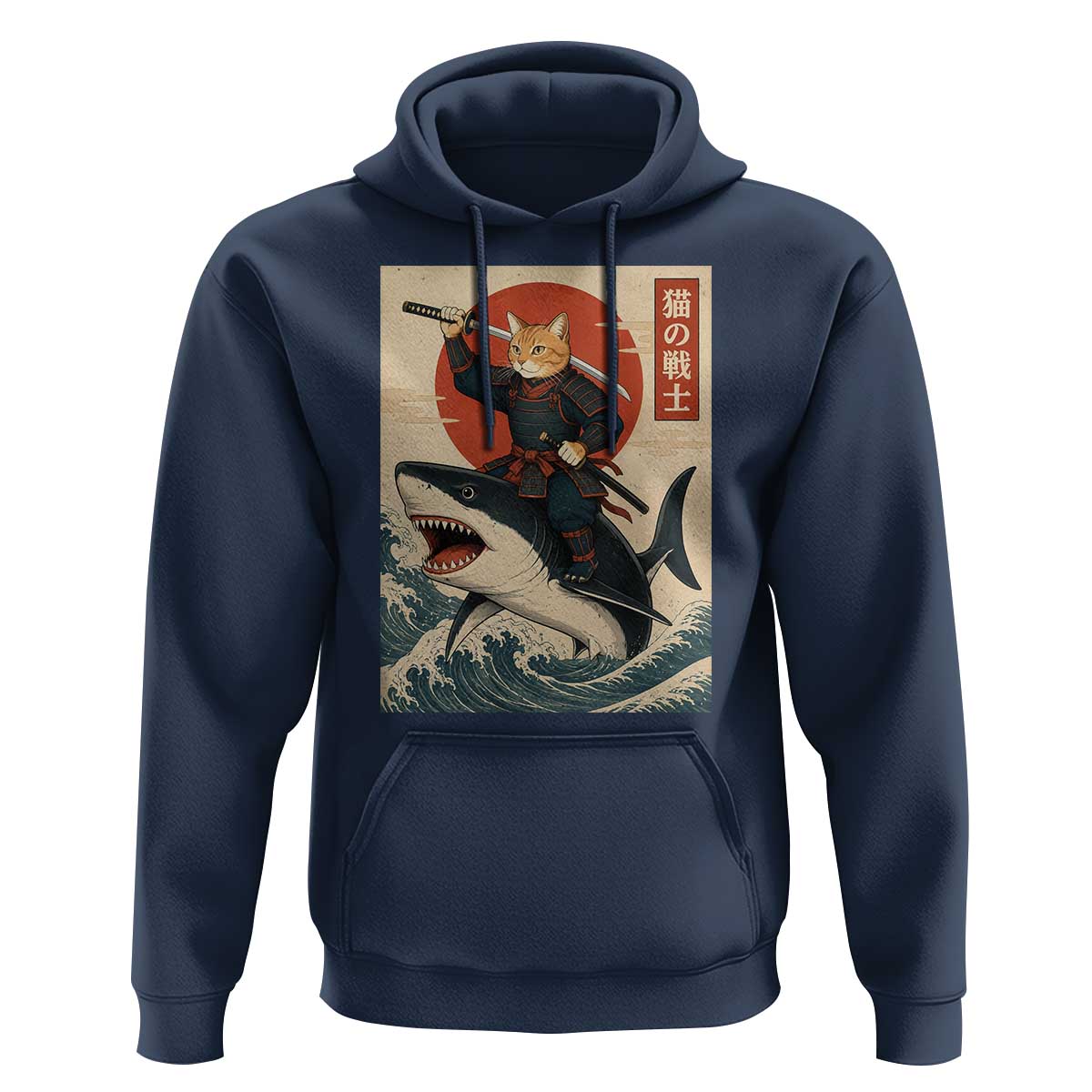 Funny Samurai Cat Riding Shark Hoodie Vintage Japanese Ukiyoe