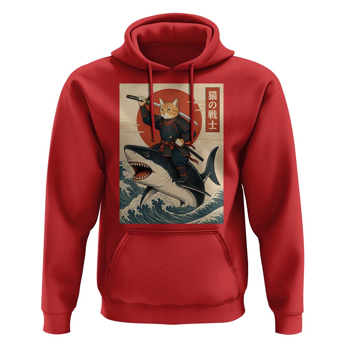 Funny Samurai Cat Riding Shark Hoodie Vintage Japanese Ukiyoe