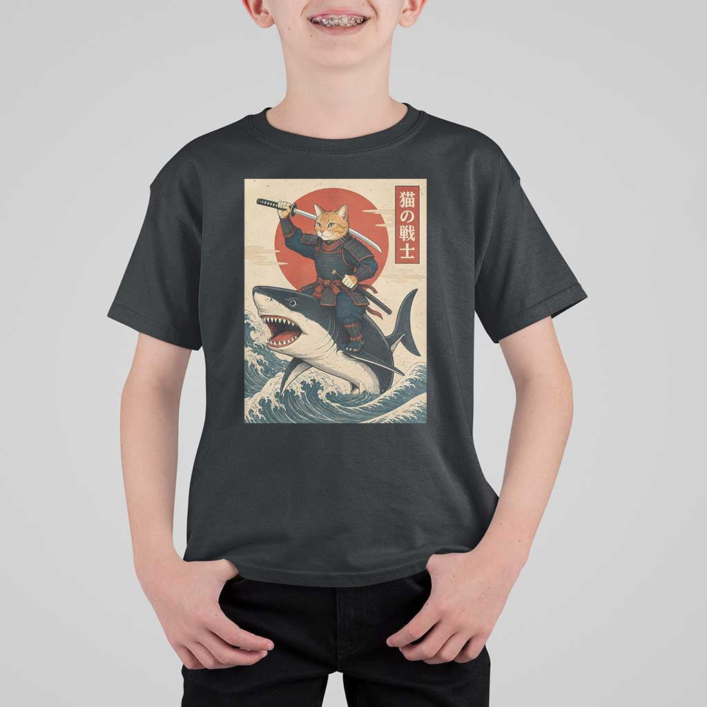Funny Samurai Cat Riding Shark T Shirt For Kid Vintage Japanese Ukiyoe
