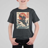 Funny Samurai Cat Riding Shark T Shirt For Kid Vintage Japanese Ukiyoe