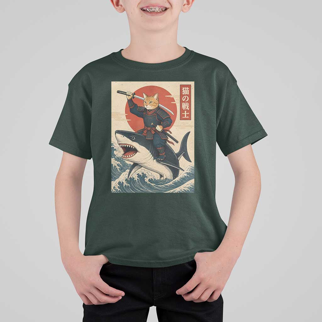 Funny Samurai Cat Riding Shark T Shirt For Kid Vintage Japanese Ukiyoe