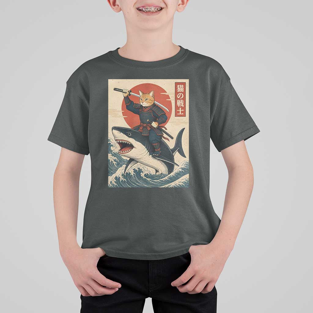 Funny Samurai Cat Riding Shark T Shirt For Kid Vintage Japanese Ukiyoe
