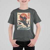 Funny Samurai Cat Riding Shark T Shirt For Kid Vintage Japanese Ukiyoe
