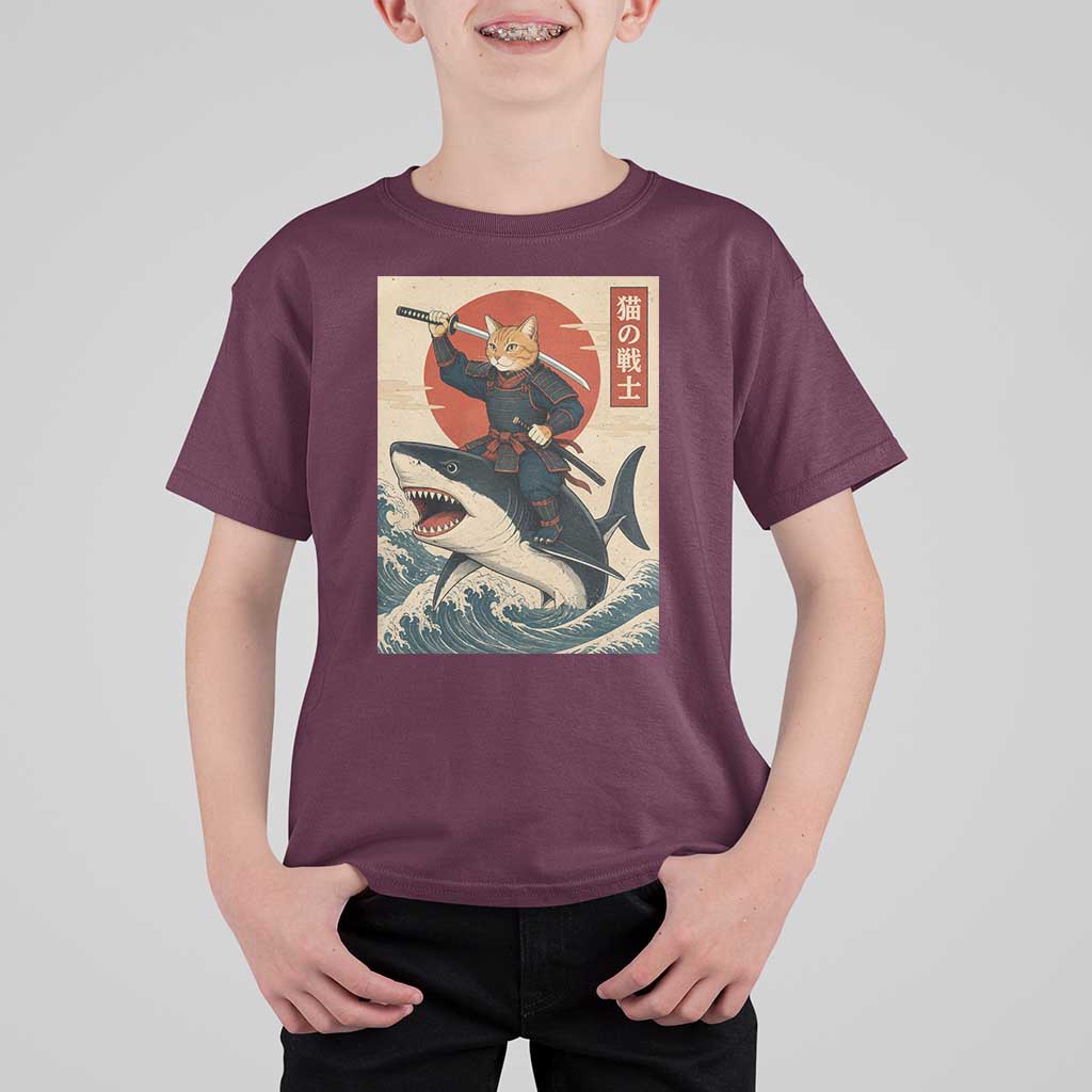 Funny Samurai Cat Riding Shark T Shirt For Kid Vintage Japanese Ukiyoe
