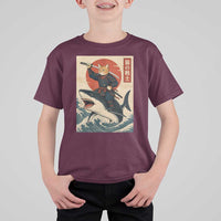 Funny Samurai Cat Riding Shark T Shirt For Kid Vintage Japanese Ukiyoe