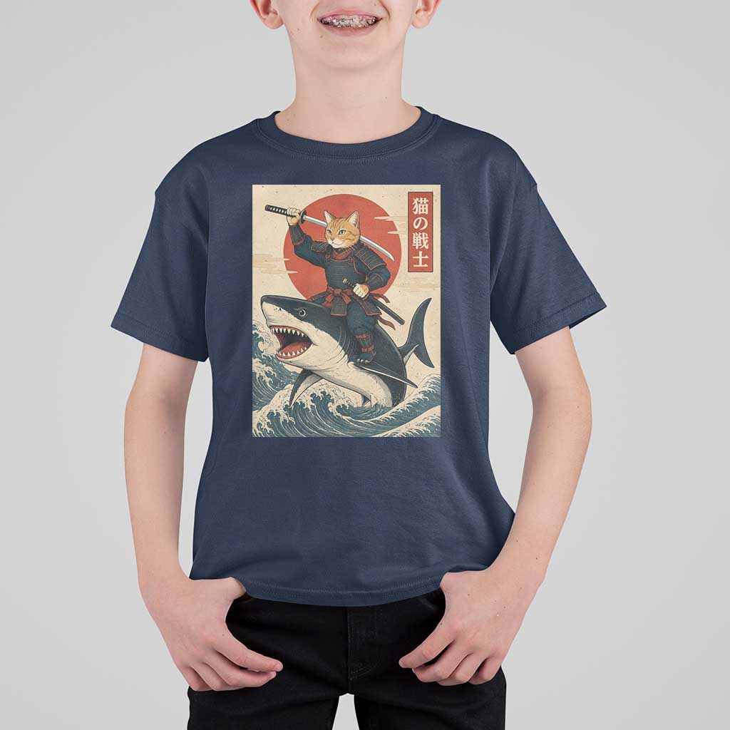 Funny Samurai Cat Riding Shark T Shirt For Kid Vintage Japanese Ukiyoe