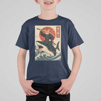 Funny Samurai Cat Riding Shark T Shirt For Kid Vintage Japanese Ukiyoe