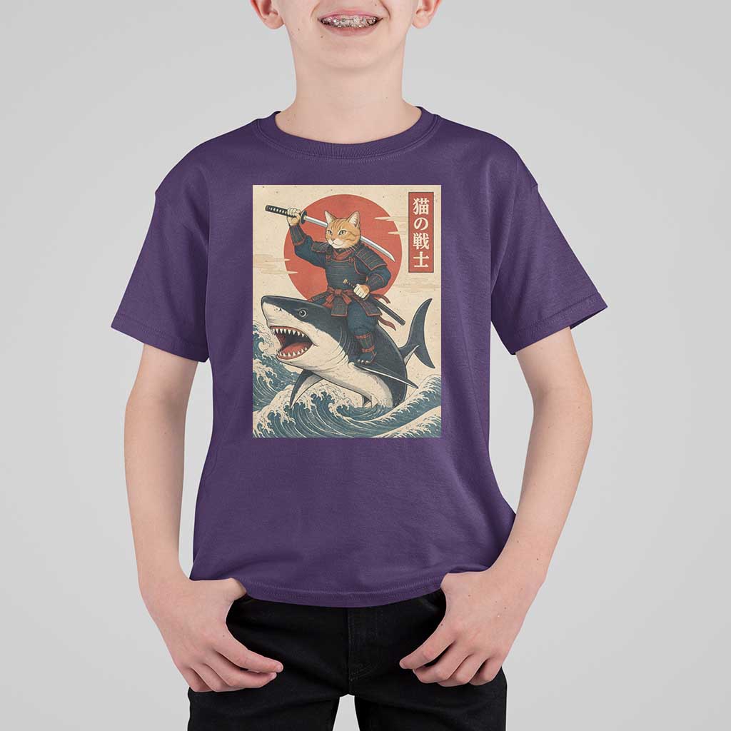 Funny Samurai Cat Riding Shark T Shirt For Kid Vintage Japanese Ukiyoe