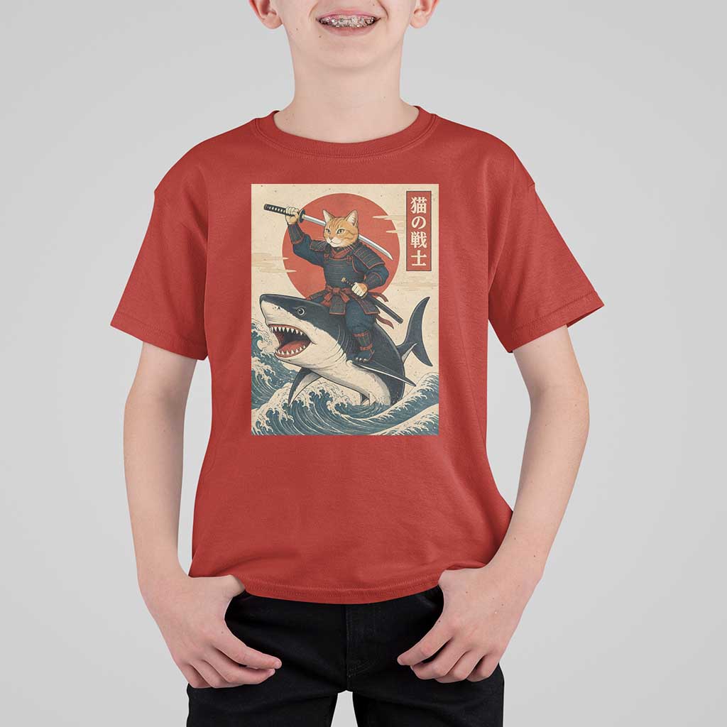 Funny Samurai Cat Riding Shark T Shirt For Kid Vintage Japanese Ukiyoe