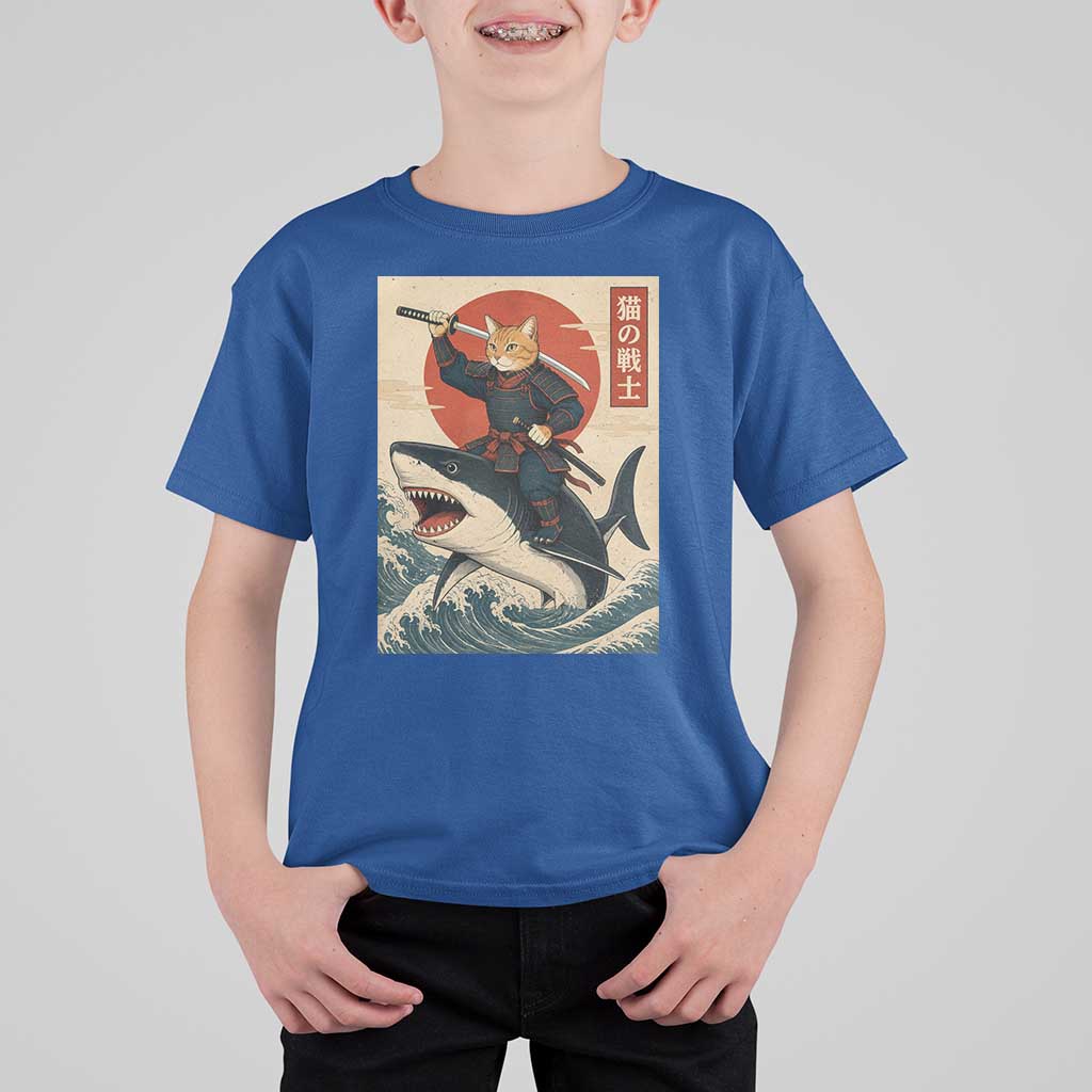 Funny Samurai Cat Riding Shark T Shirt For Kid Vintage Japanese Ukiyoe