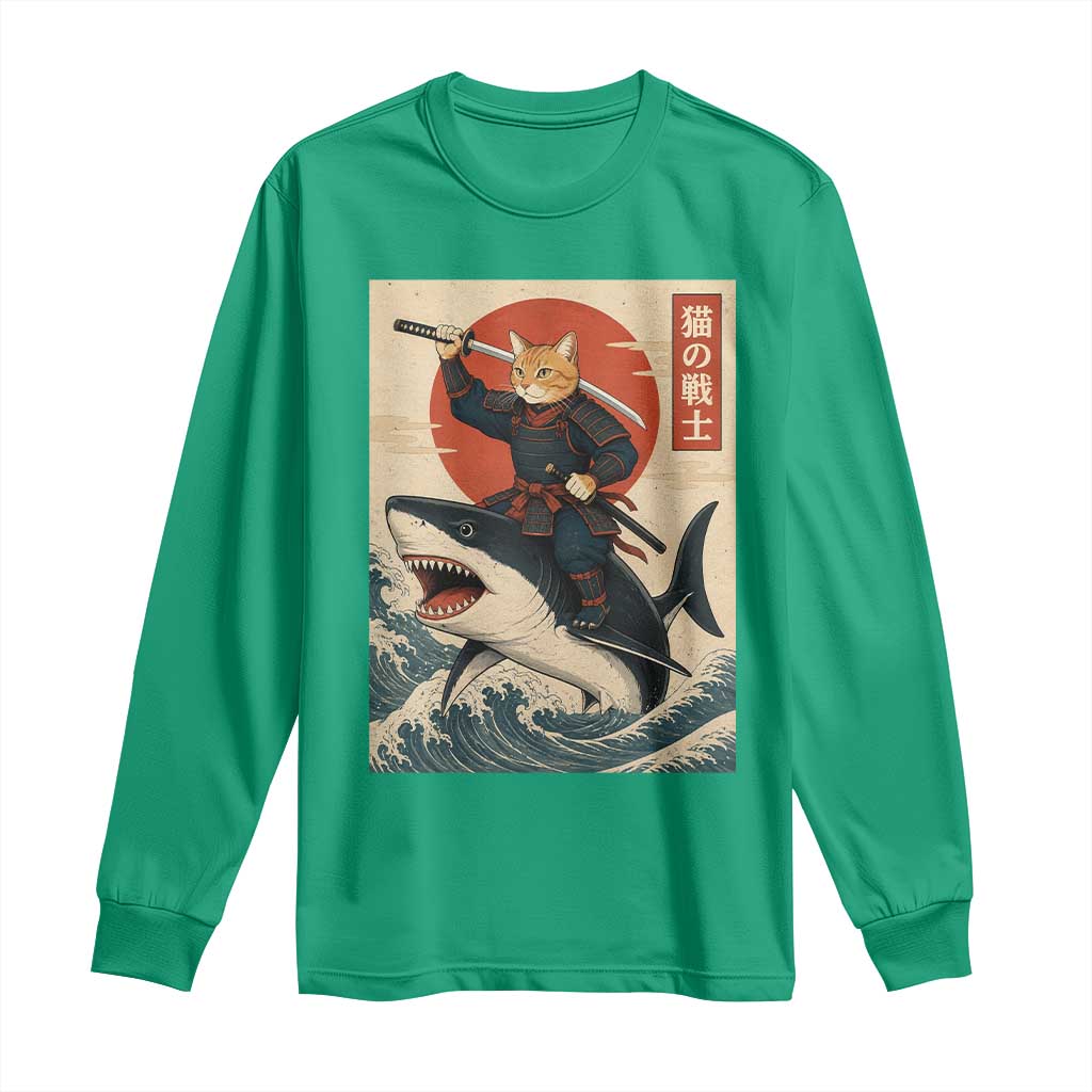 Funny Samurai Cat Riding Shark Long Sleeve Shirt Vintage Japanese Ukiyoe