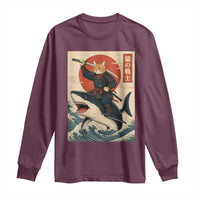 Funny Samurai Cat Riding Shark Long Sleeve Shirt Vintage Japanese Ukiyoe