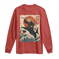 Funny Samurai Cat Riding Shark Long Sleeve Shirt Vintage Japanese Ukiyoe