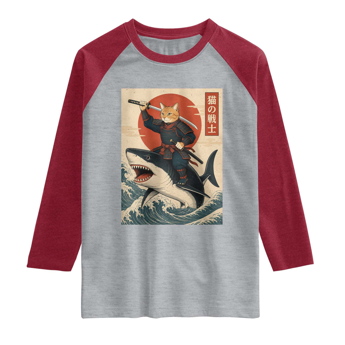 Funny Samurai Cat Riding Shark Raglan Shirt Vintage Japanese Ukiyoe