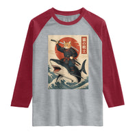 Funny Samurai Cat Riding Shark Raglan Shirt Vintage Japanese Ukiyoe