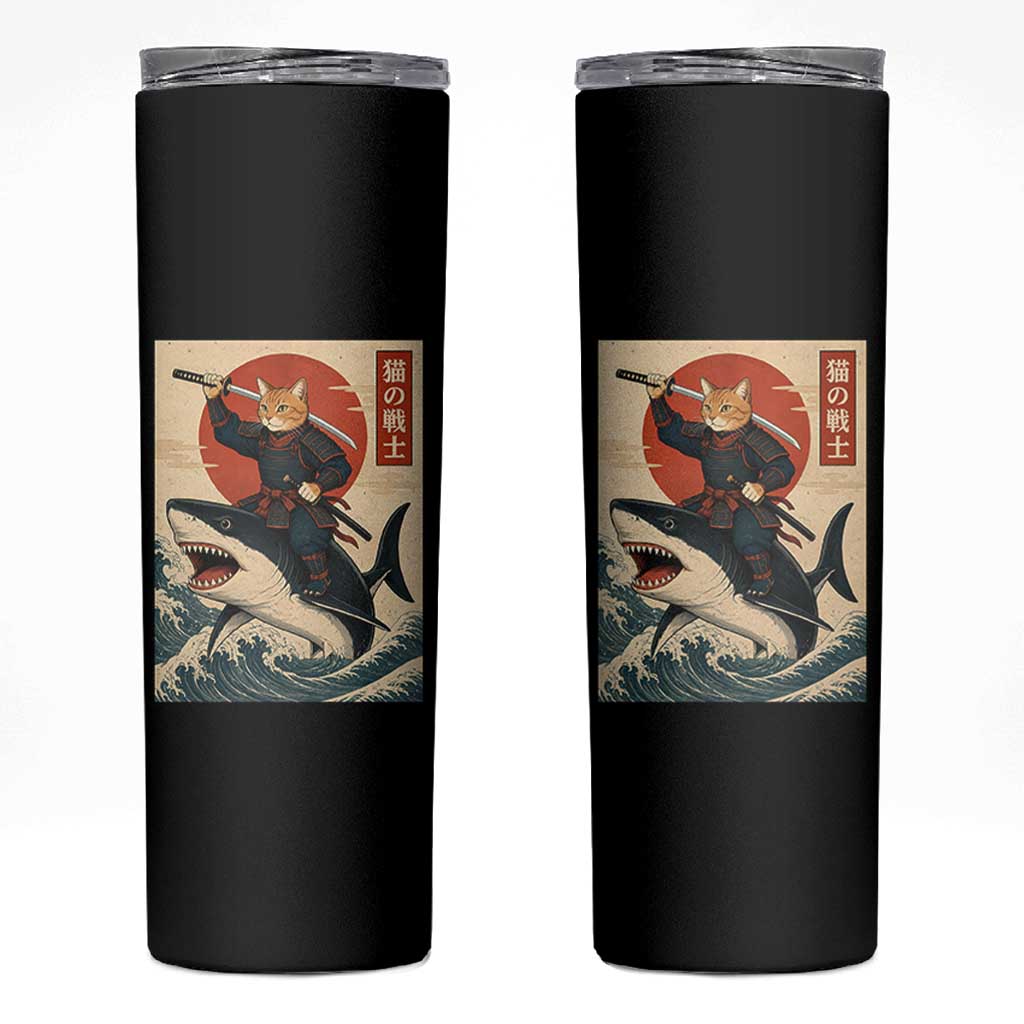 Funny Samurai Cat Riding Shark Skinny Tumbler Vintage Japanese Ukiyoe
