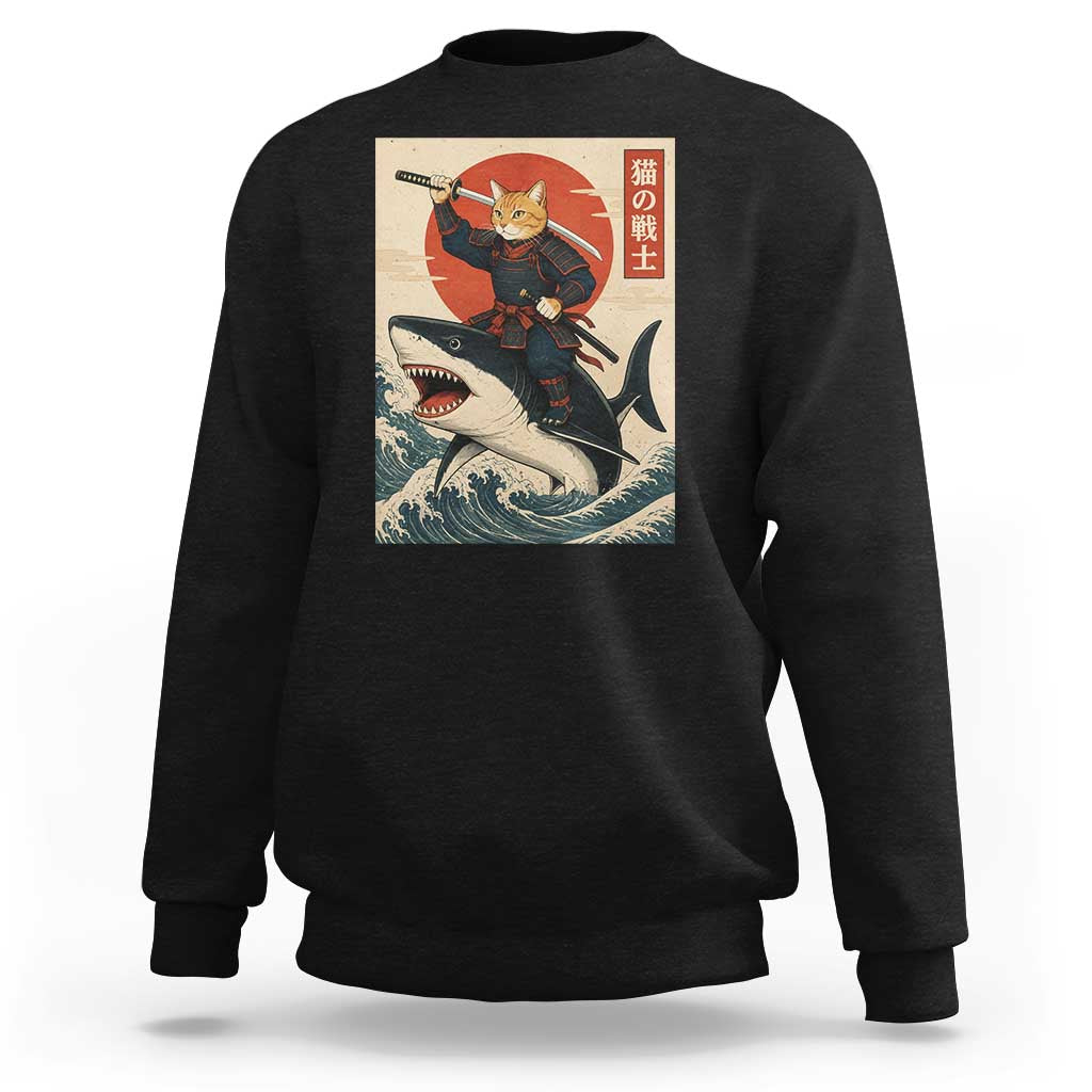 Funny Samurai Cat Riding Shark Sweatshirt Vintage Japanese Ukiyoe