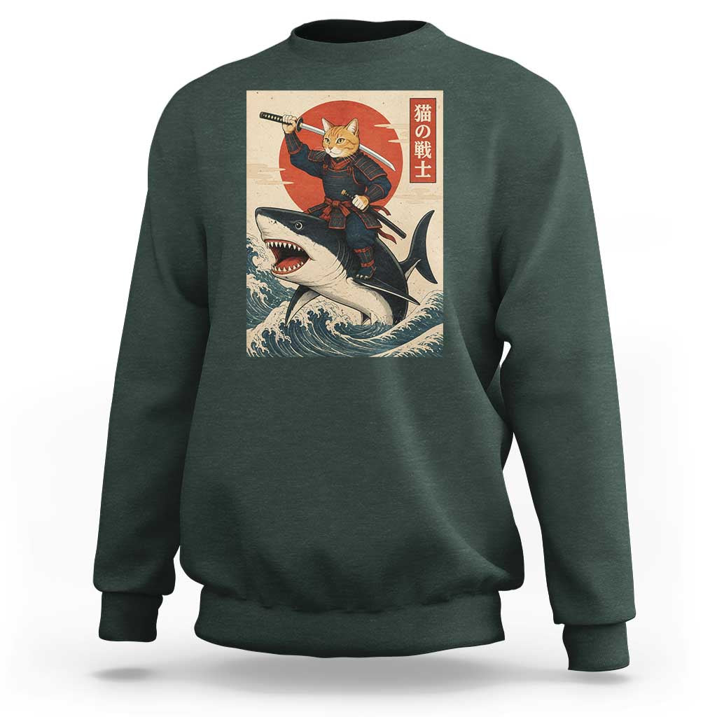 Funny Samurai Cat Riding Shark Sweatshirt Vintage Japanese Ukiyoe