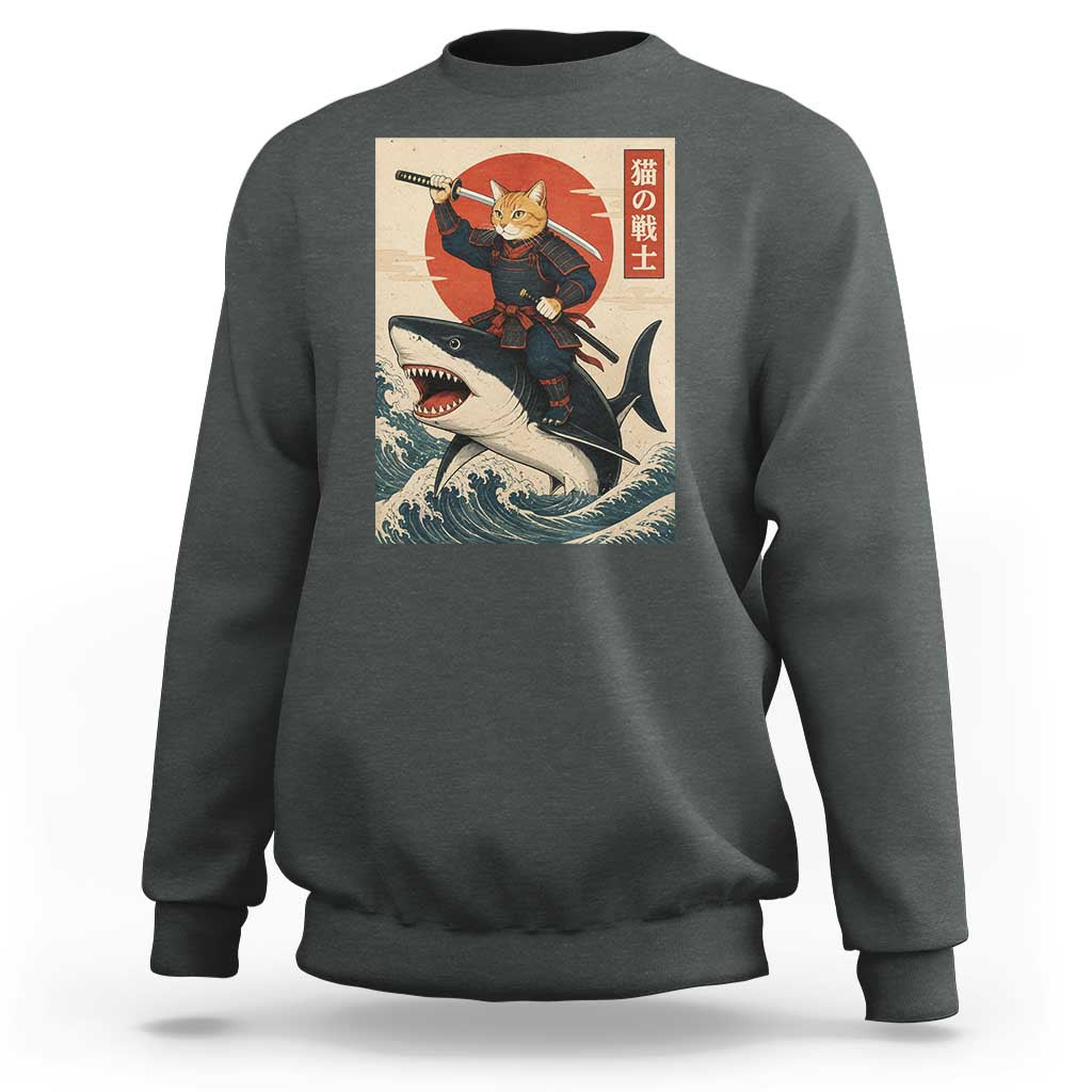 Funny Samurai Cat Riding Shark Sweatshirt Vintage Japanese Ukiyoe