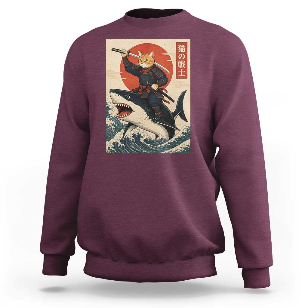 Funny Samurai Cat Riding Shark Sweatshirt Vintage Japanese Ukiyoe