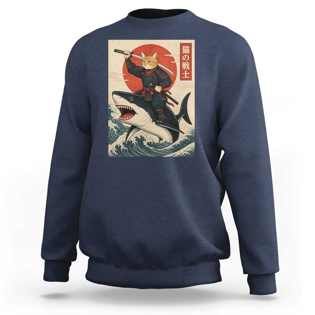 Funny Samurai Cat Riding Shark Sweatshirt Vintage Japanese Ukiyoe