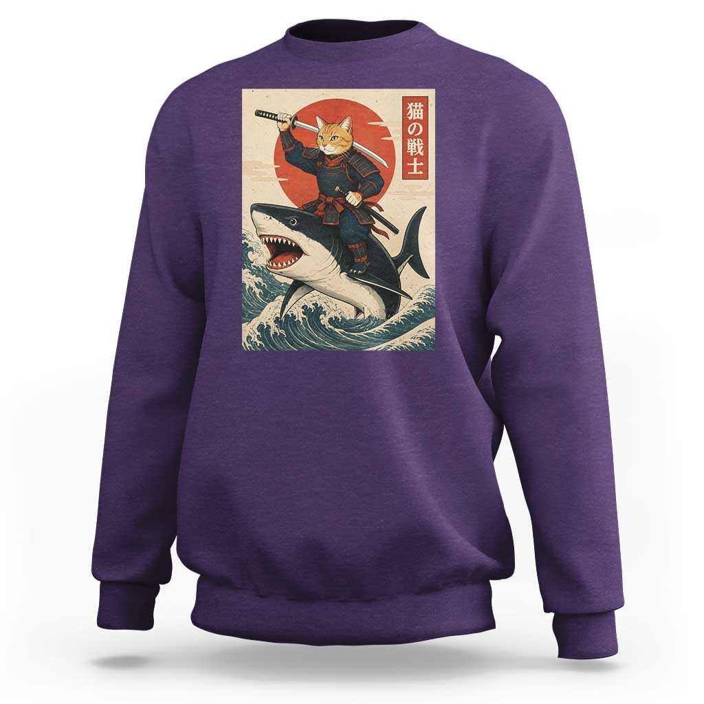 Funny Samurai Cat Riding Shark Sweatshirt Vintage Japanese Ukiyoe