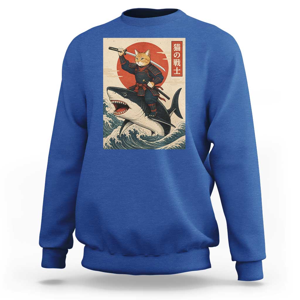 Funny Samurai Cat Riding Shark Sweatshirt Vintage Japanese Ukiyoe