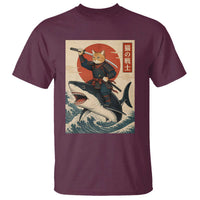 Funny Samurai Cat Riding Shark T Shirt Vintage Japanese Ukiyoe