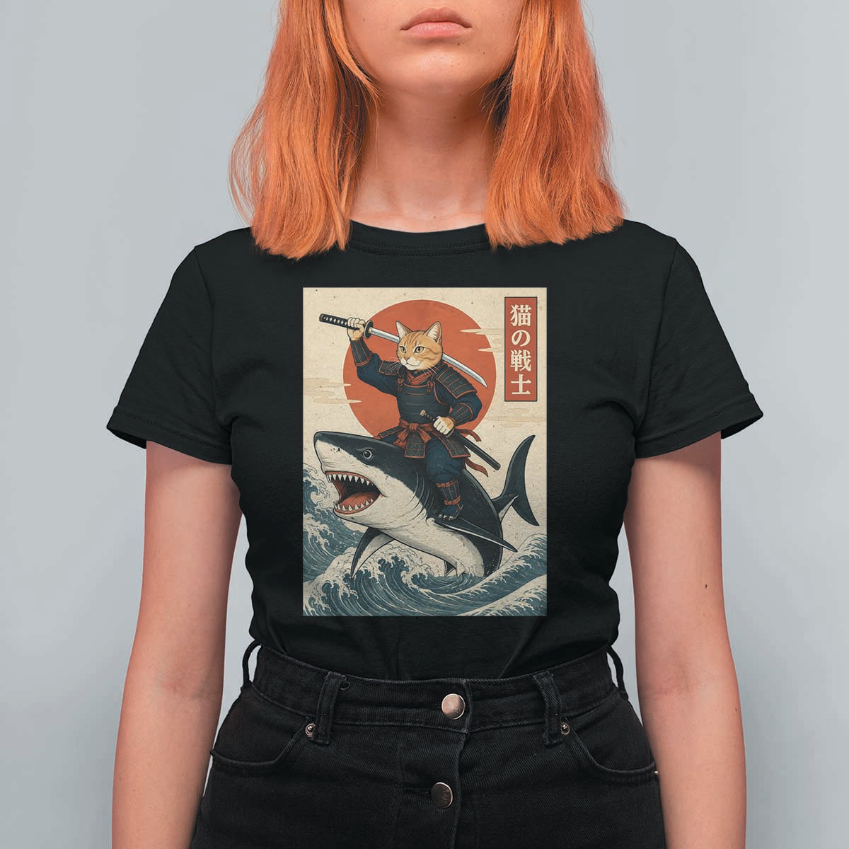 Funny Samurai Cat Riding Shark T Shirt For Women Vintage Japanese Ukiyoe