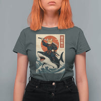 Funny Samurai Cat Riding Shark T Shirt For Women Vintage Japanese Ukiyoe